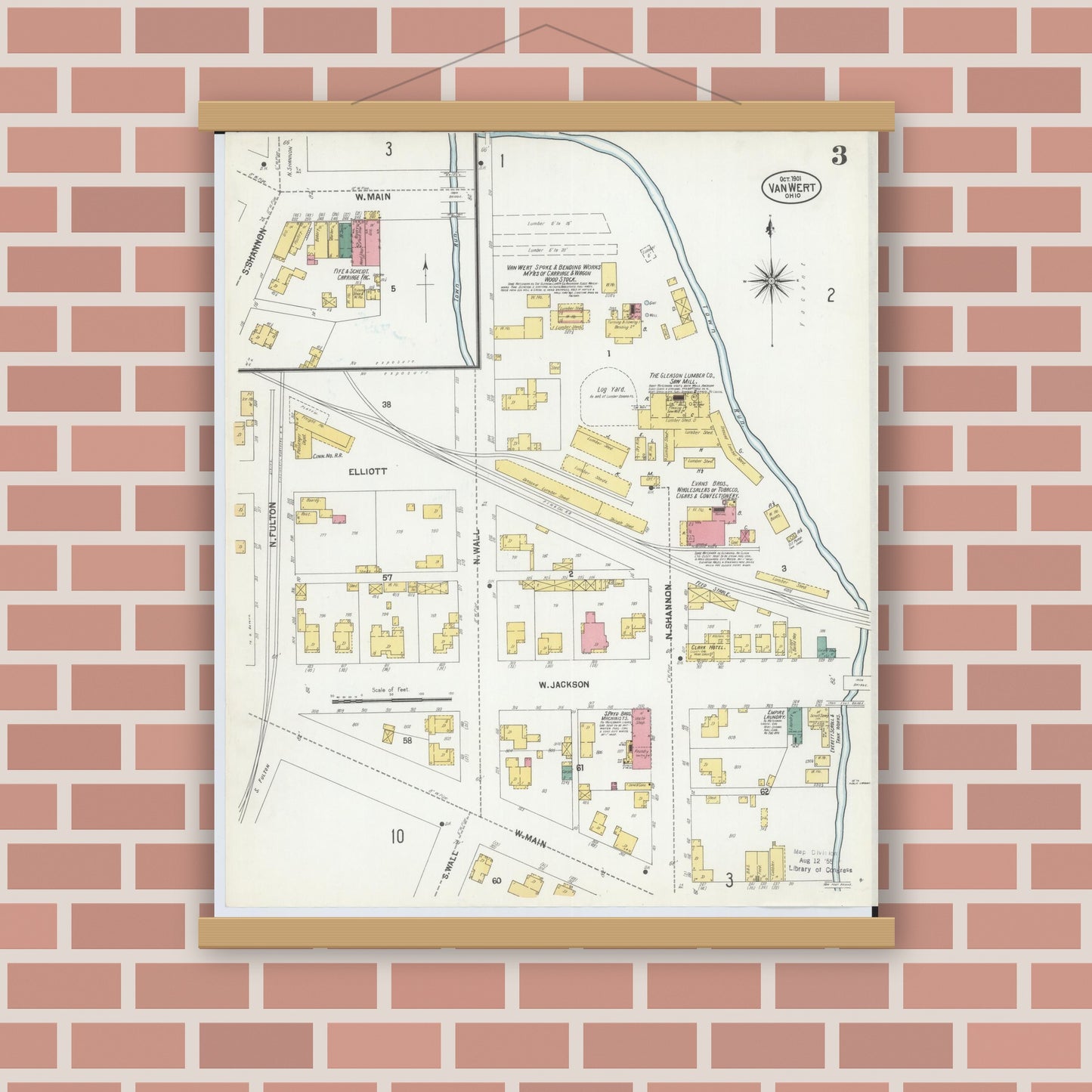 Old map wall art mockup — magnetic wood frame on brick wall — Sanborn Fire Insurance Map from Van Wert, Van Wert County, Ohio (1901), Sheet #0003