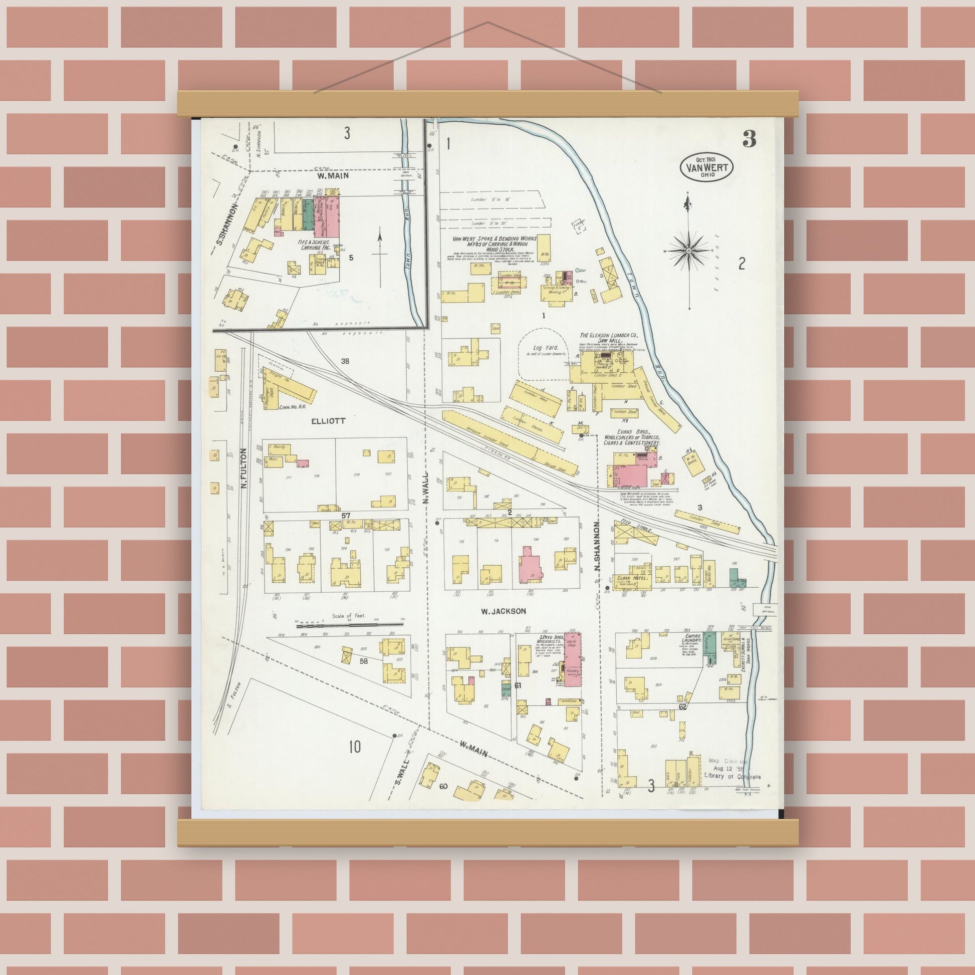 Old map wall art mockup — magnetic wood frame on brick wall — Sanborn Fire Insurance Map from Van Wert, Van Wert County, Ohio (1901), Sheet #0003