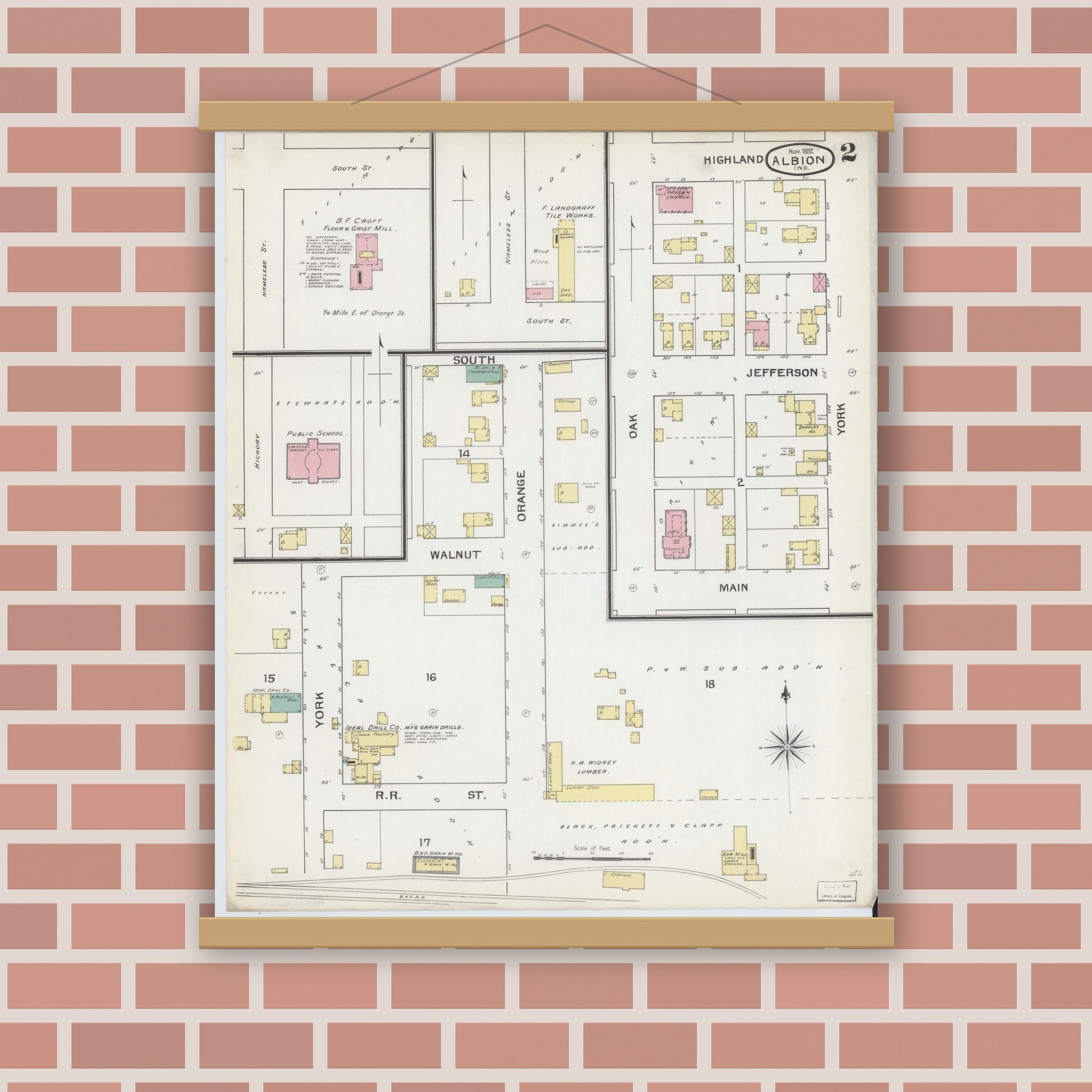 Old map wall art mockup — magnetic wood frame on brick wall — Sanborn Fire Insurance Map from Albion, Noble County, Indiana (1892), Sheet #0002