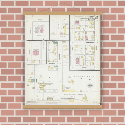 Old map wall art mockup — magnetic wood frame on brick wall — Sanborn Fire Insurance Map from Albion, Noble County, Indiana (1892), Sheet #0002