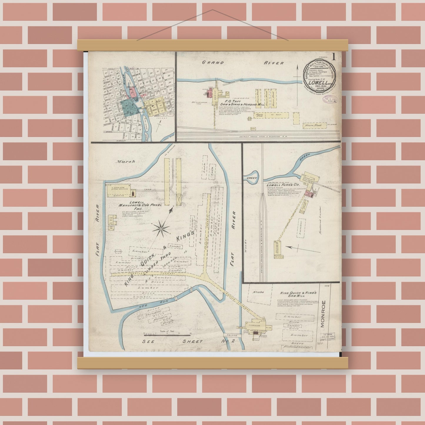 Old map wall art mockup — magnetic wood frame on brick wall — Sanborn Fire Insurance Map from Lowell, Kent County, Michigan (1885) - Complete Map Set