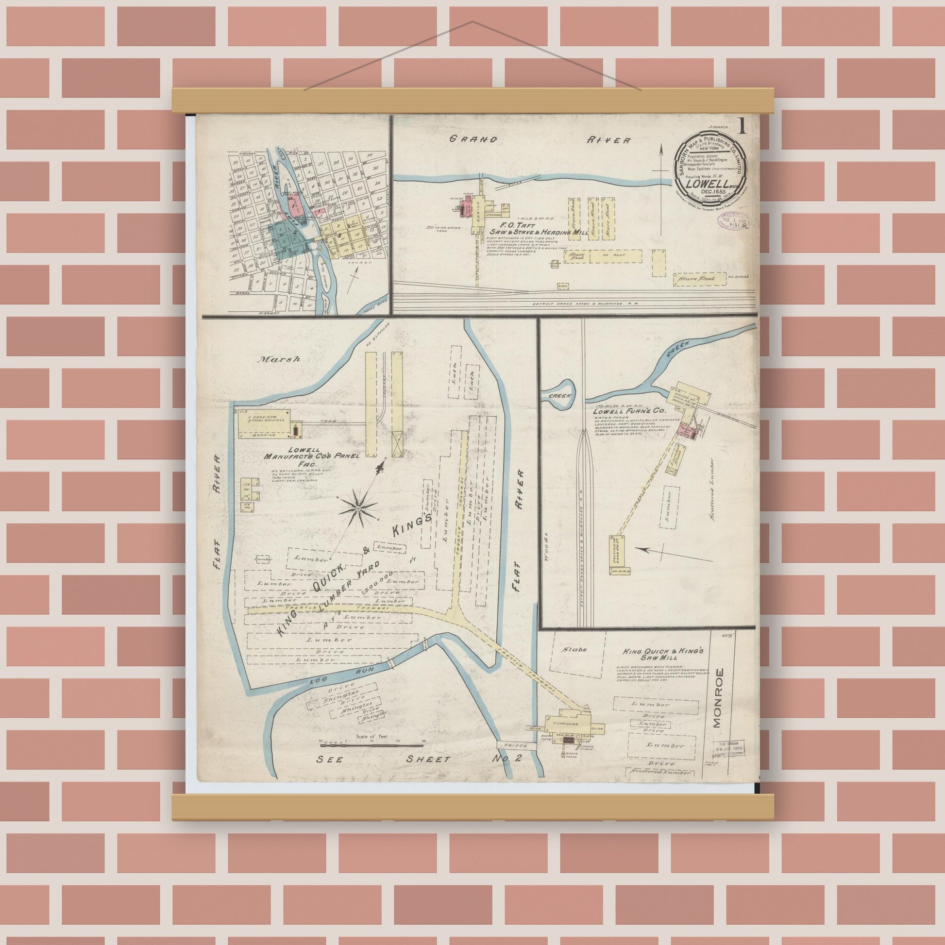 Old map wall art mockup — magnetic wood frame on brick wall — Sanborn Fire Insurance Map from Lowell, Kent County, Michigan (1885) - Complete Map Set