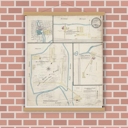 Old map wall art mockup — magnetic wood frame on brick wall — Sanborn Fire Insurance Map from Lowell, Kent County, Michigan (1885) - Complete Map Set