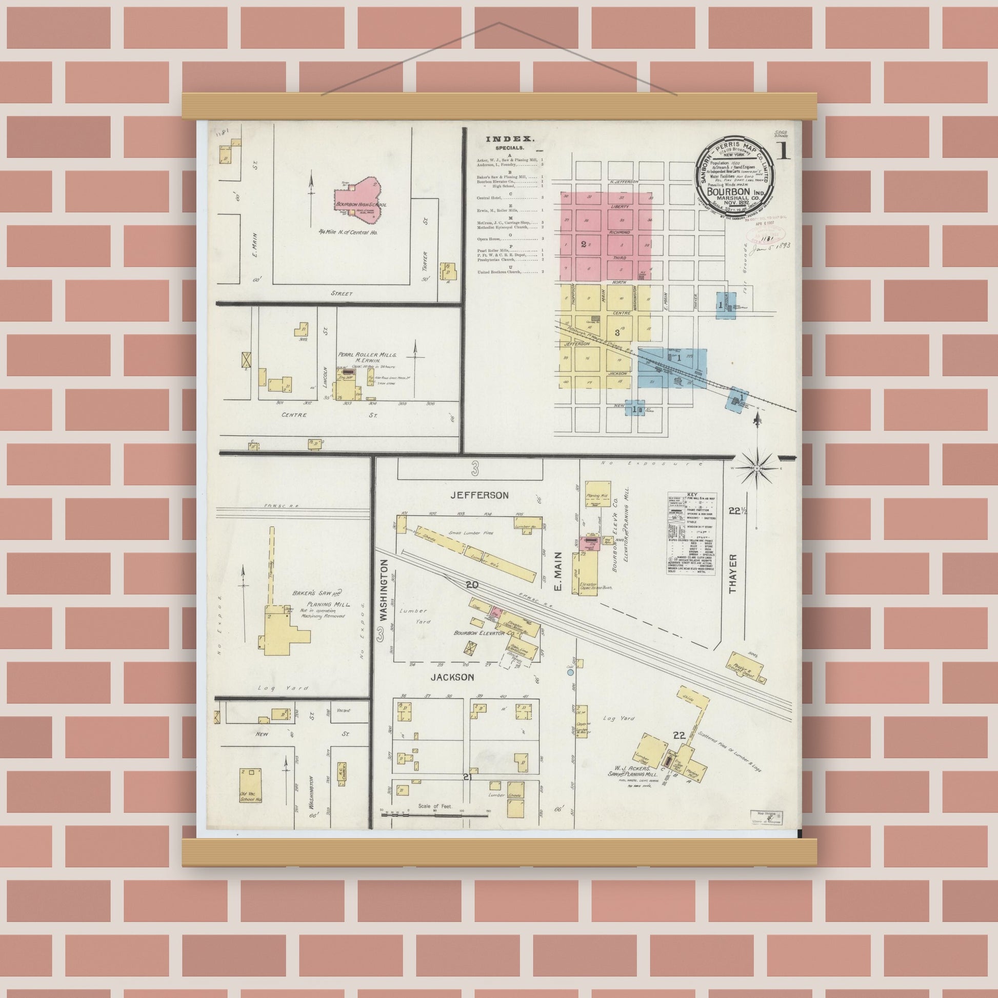 Old map wall art mockup — magnetic wood frame on brick wall — Sanborn Fire Insurance Map from Bourbon, Marshall County, Indiana (1892) - Complete Map Set