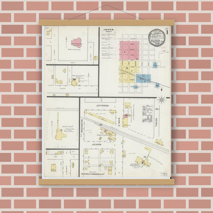 Old map wall art mockup — magnetic wood frame on brick wall — Sanborn Fire Insurance Map from Bourbon, Marshall County, Indiana (1892) - Complete Map Set