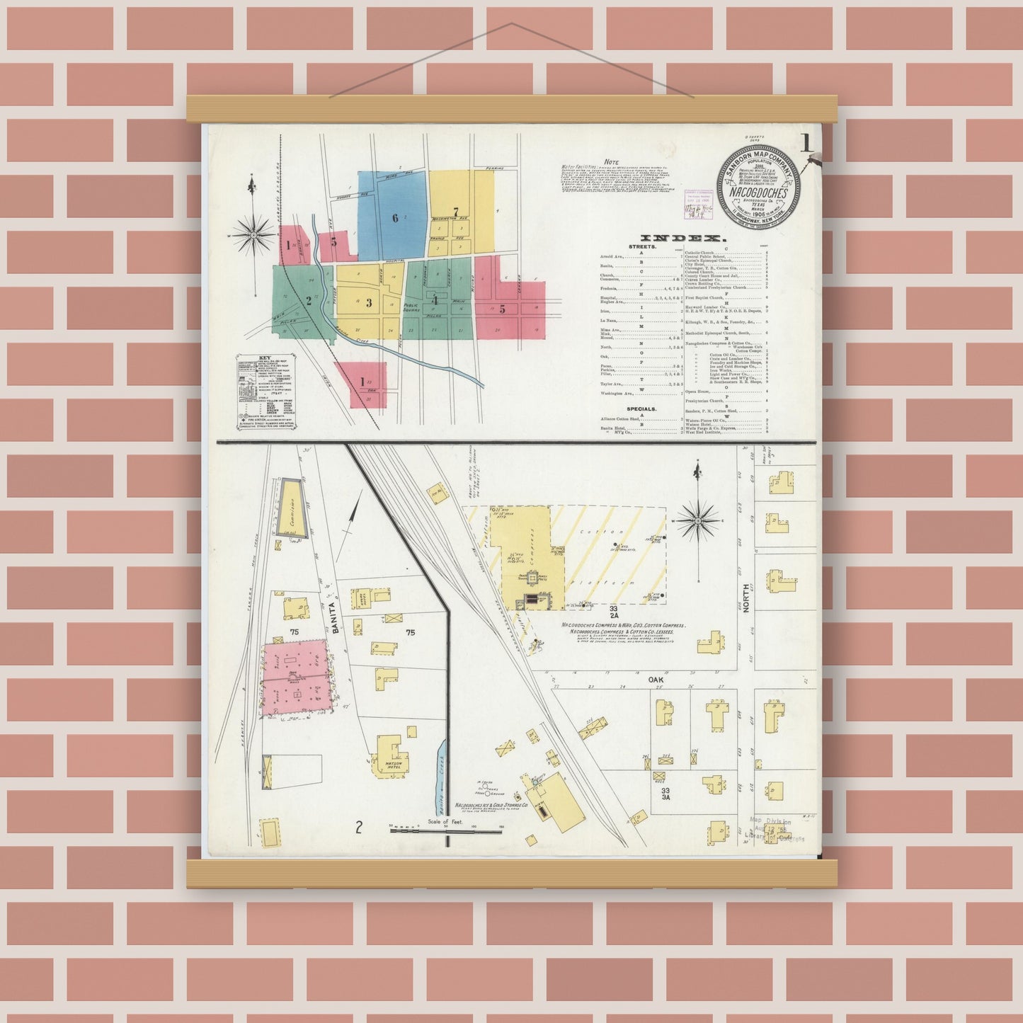 Old map wall art mockup — magnetic wood frame on brick wall — Sanborn Fire Insurance Map from Nacogdoches, Nacogdoches County, Texas (1906), Sheet #0001