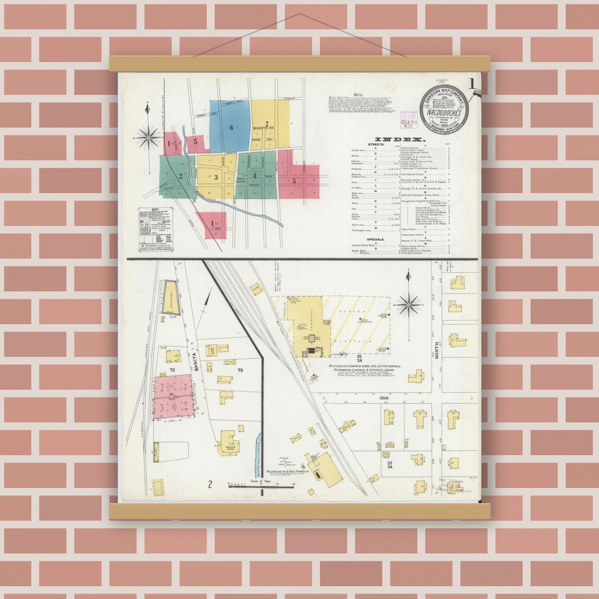 Old map wall art mockup — magnetic wood frame on brick wall — Sanborn Fire Insurance Map from Nacogdoches, Nacogdoches County, Texas (1906), Sheet #0001