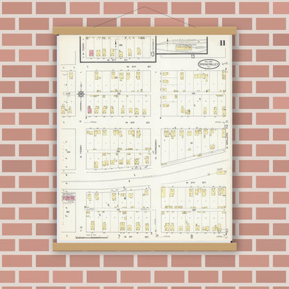 Old map wall art mockup — magnetic wood frame on brick wall — Sanborn Fire Insurance Map from Spring Valley, Bureau County, Illinois (1913), Sheet #0011