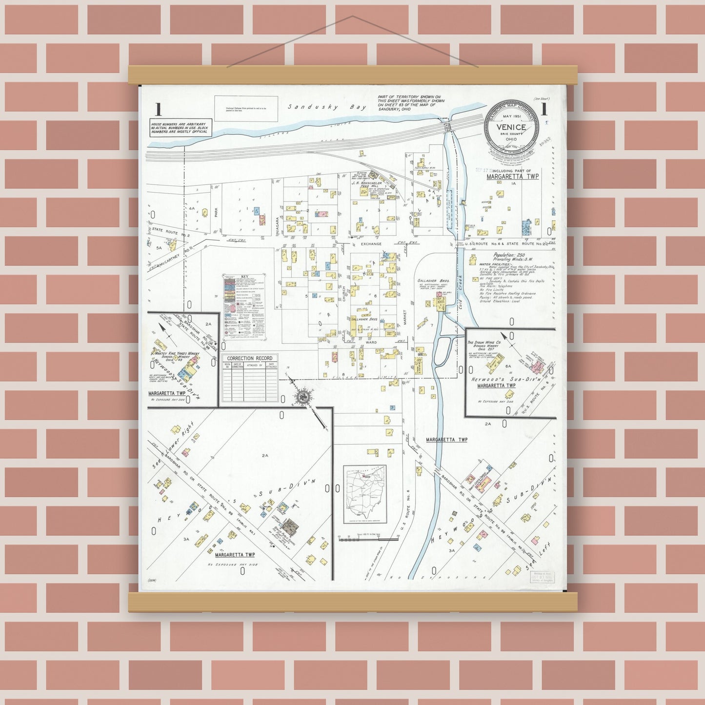 Old map wall art mockup — magnetic wood frame on brick wall — Sanborn Fire Insurance Map from Venice, Erie County, Ohio (1951), Sheet #0001