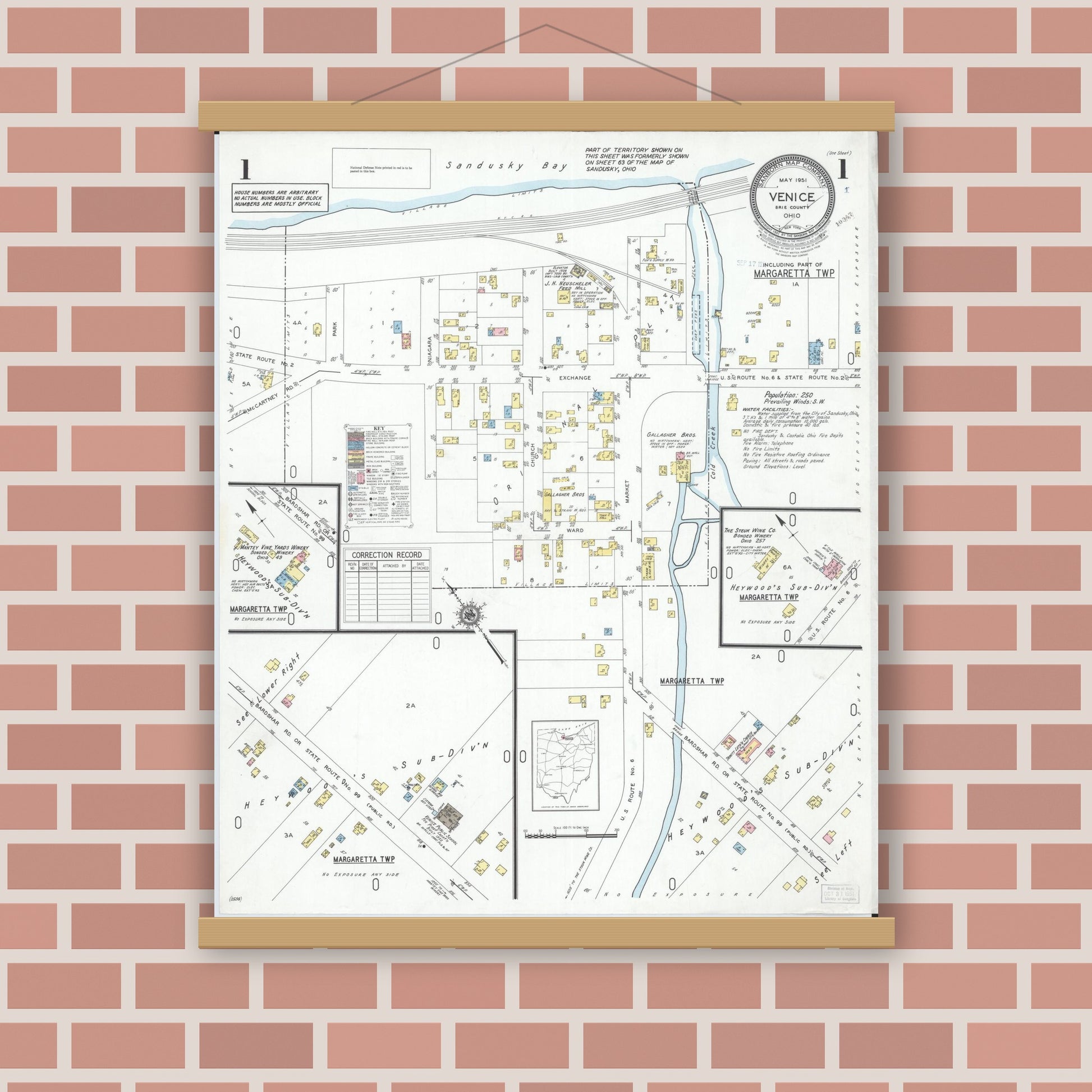 Old map wall art mockup — magnetic wood frame on brick wall — Sanborn Fire Insurance Map from Venice, Erie County, Ohio (1951), Sheet #0001