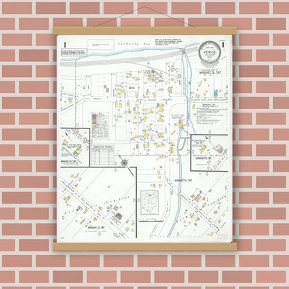 Old map wall art mockup — magnetic wood frame on brick wall — Sanborn Fire Insurance Map from Venice, Erie County, Ohio (1951), Sheet #0001