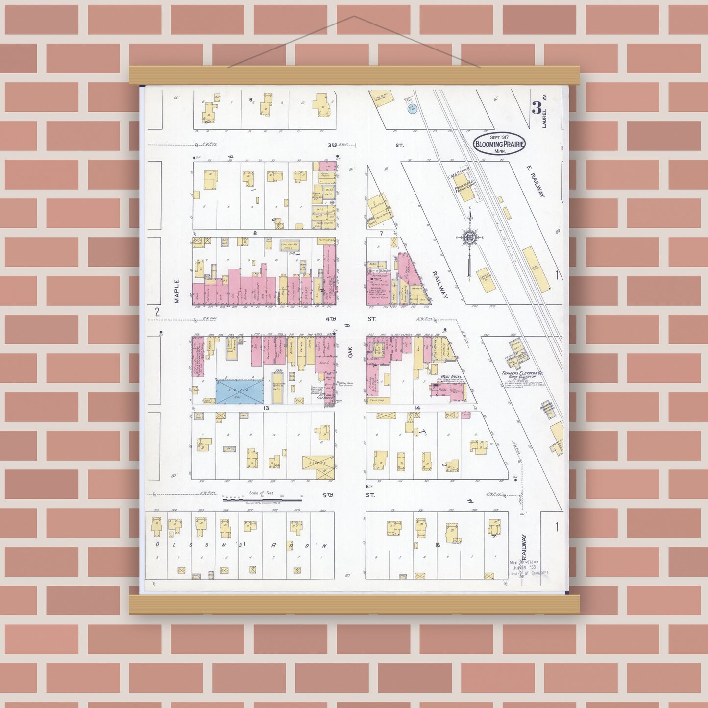 Old map wall art mockup — magnetic wood frame on brick wall — Sanborn Fire Insurance Map from Blooming Prairie, Steele County, Minnesota (1917), Sheet #0003