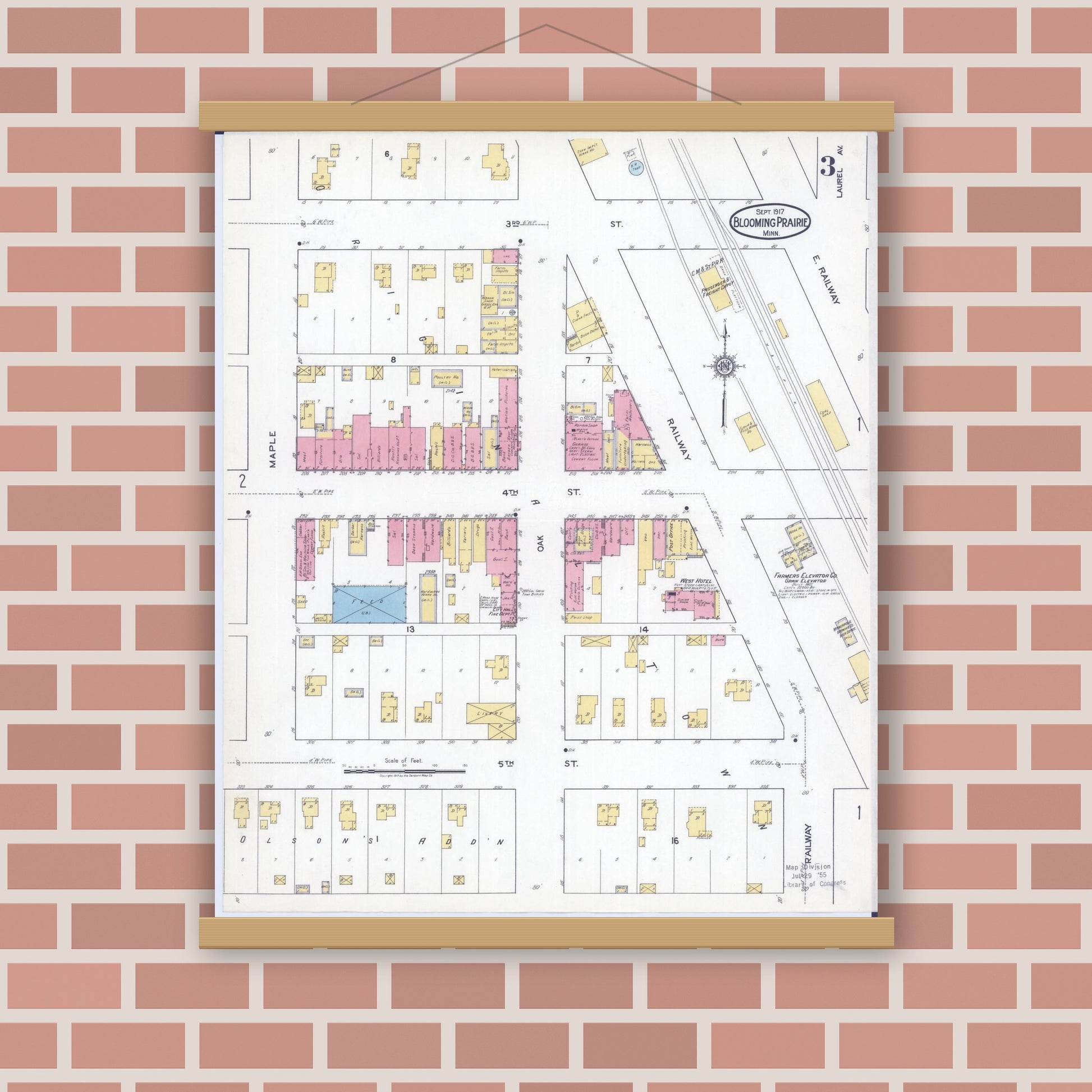 Old map wall art mockup — magnetic wood frame on brick wall — Sanborn Fire Insurance Map from Blooming Prairie, Steele County, Minnesota (1917), Sheet #0003