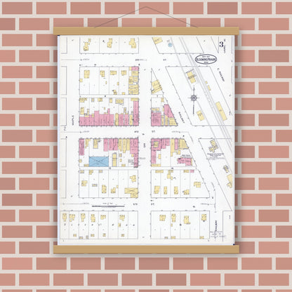 Old map wall art mockup — magnetic wood frame on brick wall — Sanborn Fire Insurance Map from Blooming Prairie, Steele County, Minnesota (1917), Sheet #0003