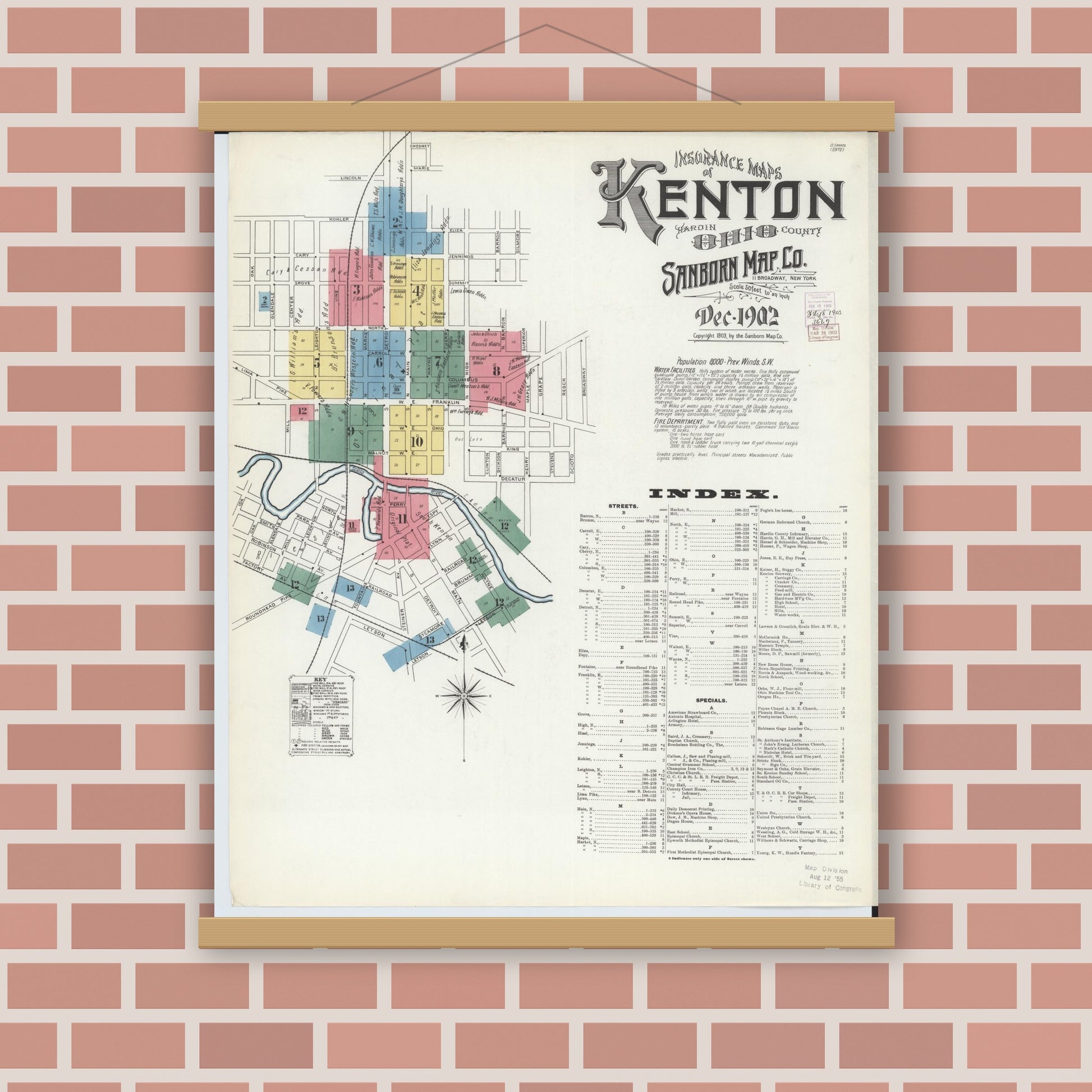 Old map wall art mockup — magnetic wood frame on brick wall — Sanborn Fire Insurance Map from Kenton, Hardin County, Ohio (1902), Sheet #0001