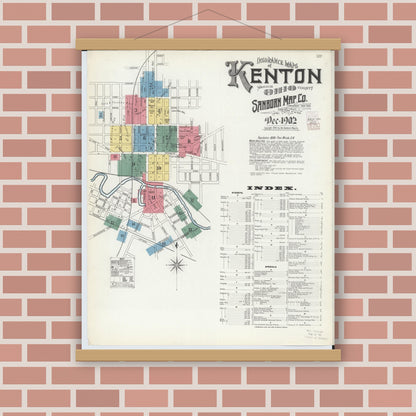 Old map wall art mockup — magnetic wood frame on brick wall — Sanborn Fire Insurance Map from Kenton, Hardin County, Ohio (1902), Sheet #0001