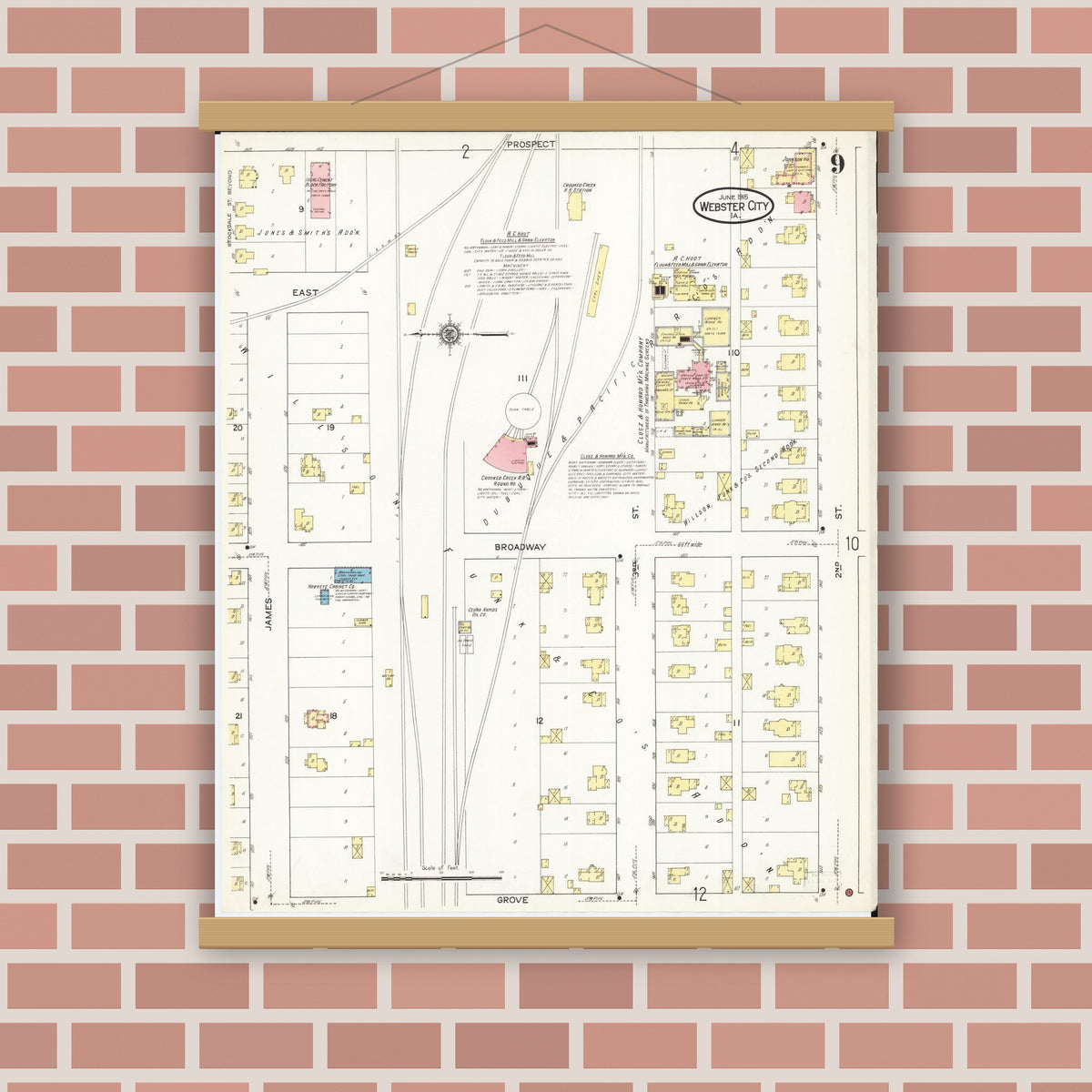 Old map wall art mockup — magnetic wood frame on brick wall — Sanborn Fire Insurance Map from Webster City, Hamilton County, Iowa (1915), Sheet #0009