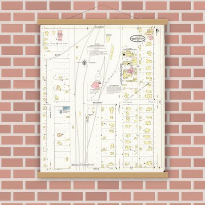 Old map wall art mockup — magnetic wood frame on brick wall — Sanborn Fire Insurance Map from Webster City, Hamilton County, Iowa (1915), Sheet #0009