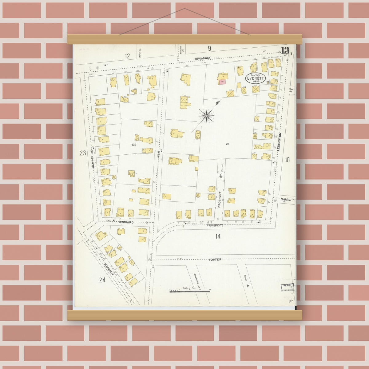 Old map wall art mockup — magnetic wood frame on brick wall — Sanborn Fire Insurance Map from Everett, Middlesex County, Massachusetts (1903), Sheet #0013