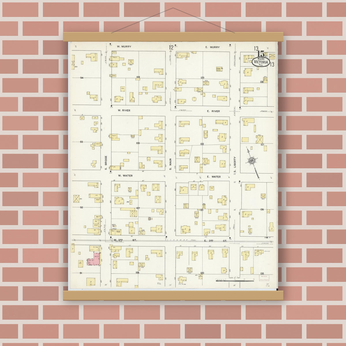 Old map wall art mockup — magnetic wood frame on brick wall — Sanborn Fire Insurance Map from Victoria, Victoria County, Texas (1912), Sheet #0015
