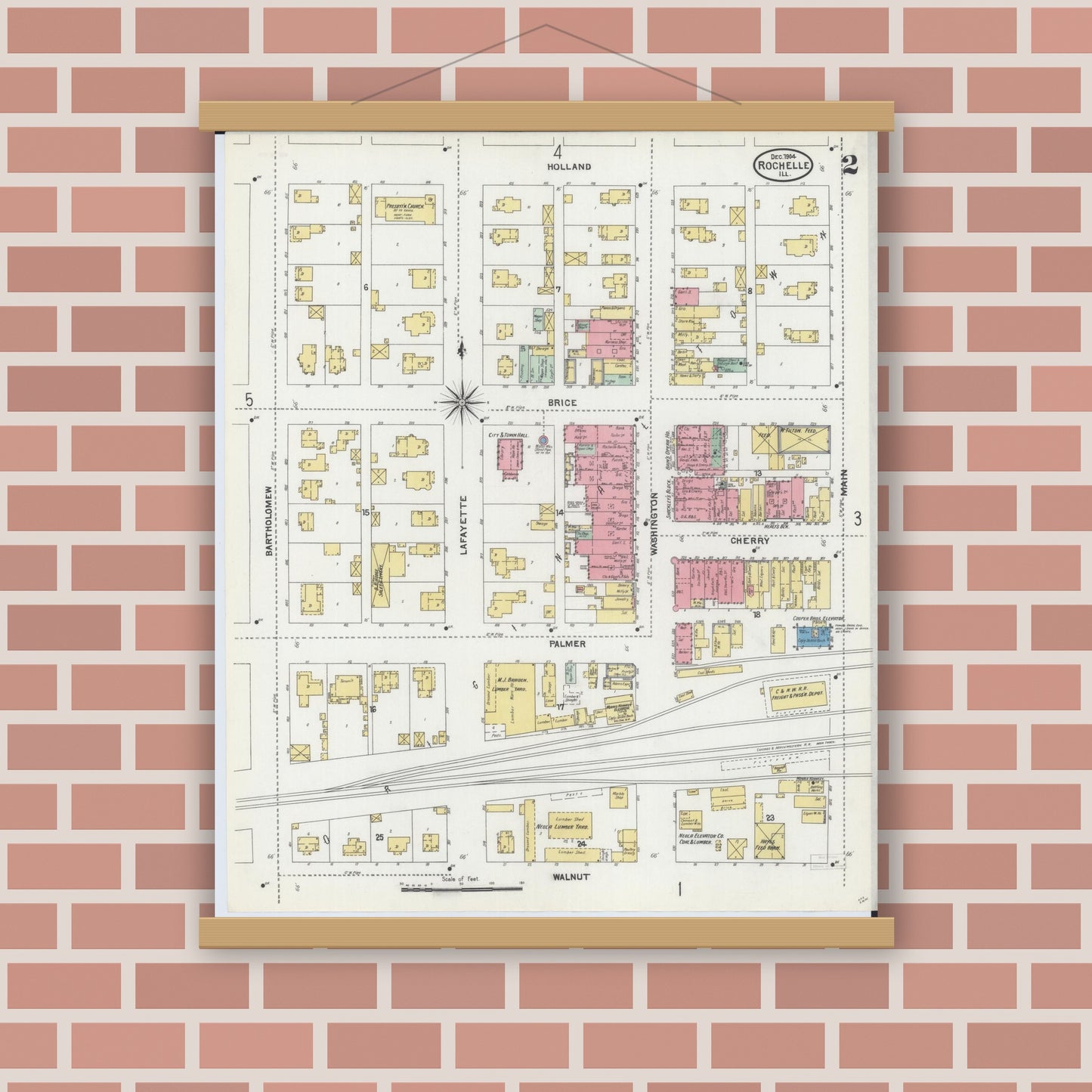 Old map wall art mockup — magnetic wood frame on brick wall — Sanborn Fire Insurance Map from Rochelle, Ogle County, Illinois (1904), Sheet #0002
