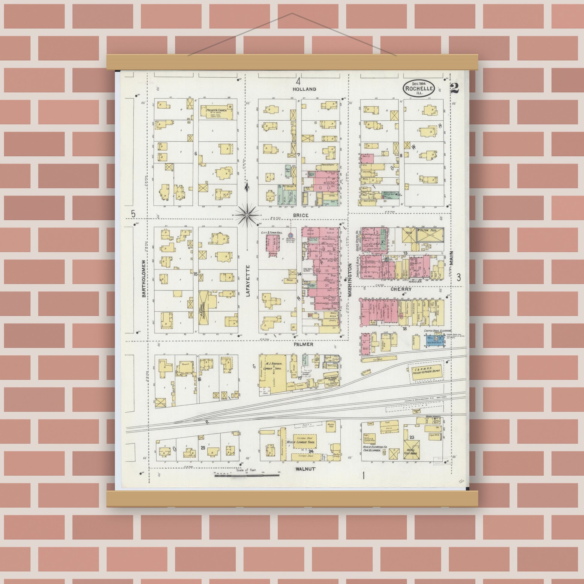 Old map wall art mockup — magnetic wood frame on brick wall — Sanborn Fire Insurance Map from Rochelle, Ogle County, Illinois (1904), Sheet #0002
