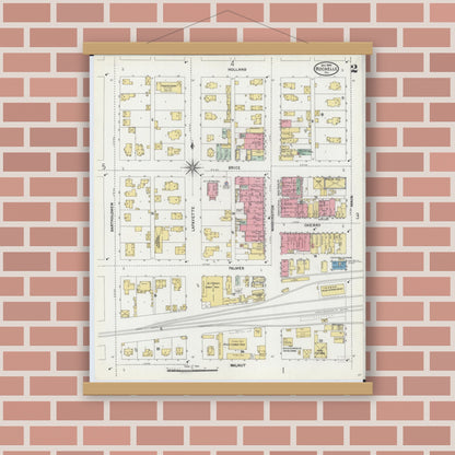Old map wall art mockup — magnetic wood frame on brick wall — Sanborn Fire Insurance Map from Rochelle, Ogle County, Illinois (1904), Sheet #0002