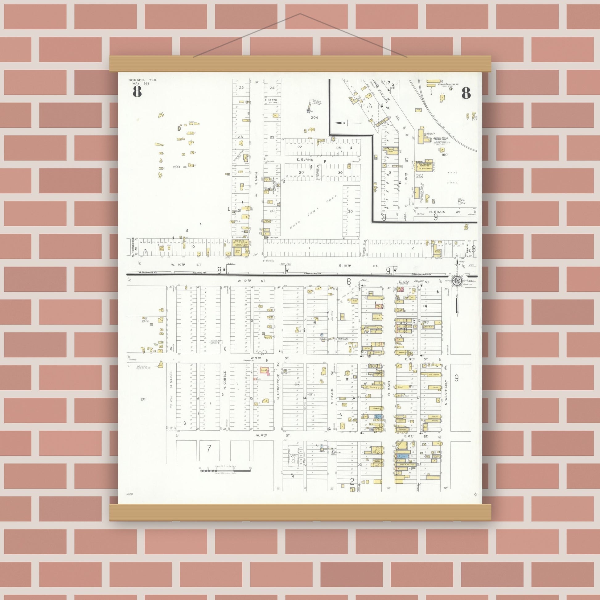 Old map wall art mockup — magnetic wood frame on brick wall — Sanborn Fire Insurance Map from Borger, Hutchinson County, Texas (1933), Sheet #0008