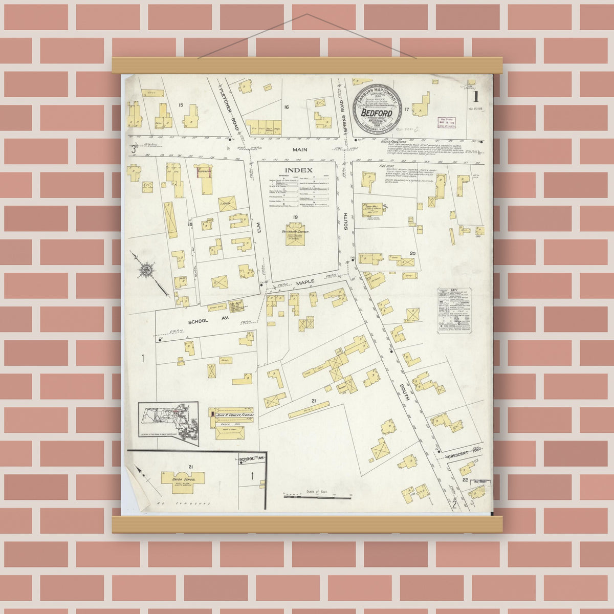 Old map wall art mockup — magnetic wood frame on brick wall — Sanborn Fire Insurance Map from Bedford, Middlesex County, Massachusetts (1916) - Complete Map Set