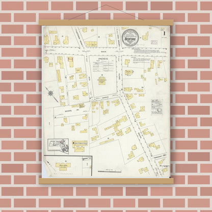 Old map wall art mockup — magnetic wood frame on brick wall — Sanborn Fire Insurance Map from Bedford, Middlesex County, Massachusetts (1916) - Complete Map Set