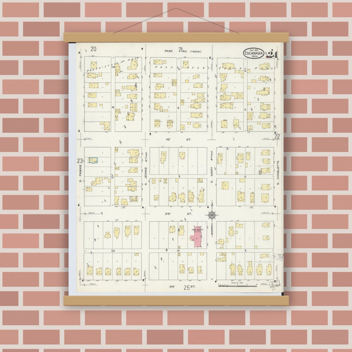 Old map wall art mockup — magnetic wood frame on brick wall — Sanborn Fire Insurance Map from Escanaba, Delta County, Michigan (1913), Sheet #0024