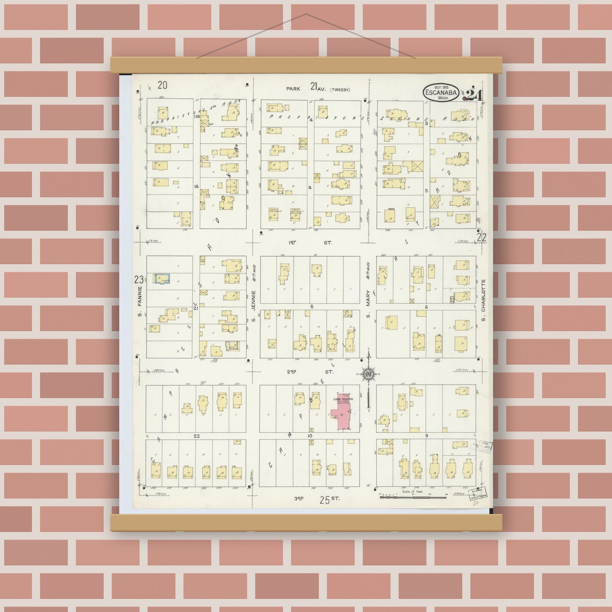 Old map wall art mockup — magnetic wood frame on brick wall — Sanborn Fire Insurance Map from Escanaba, Delta County, Michigan (1913), Sheet #0024