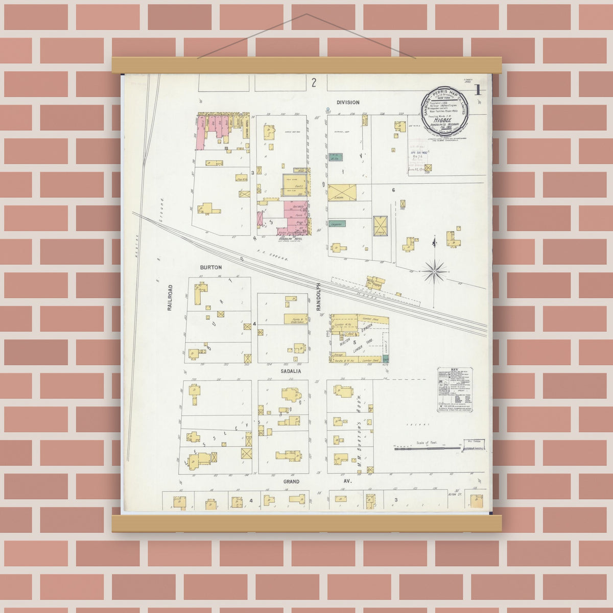 Old map wall art mockup — magnetic wood frame on brick wall — Sanborn Fire Insurance Map from Higbee, Randolph County, Missouri (1900), Sheet #0001