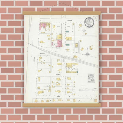 Old map wall art mockup — magnetic wood frame on brick wall — Sanborn Fire Insurance Map from Higbee, Randolph County, Missouri (1900), Sheet #0001