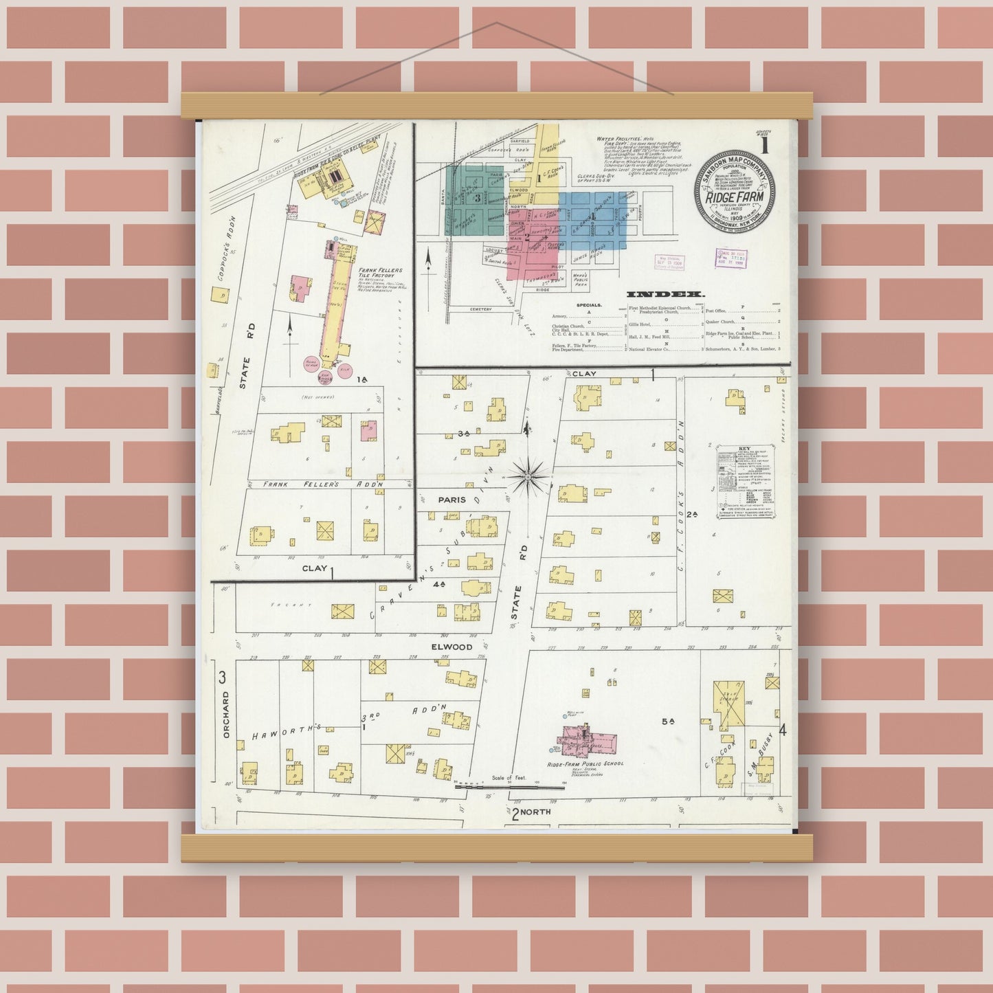 Old map wall art mockup — magnetic wood frame on brick wall — Sanborn Fire Insurance Map from Ridge Farm, Vermilion County, Illinois (1909) - Complete Map Set