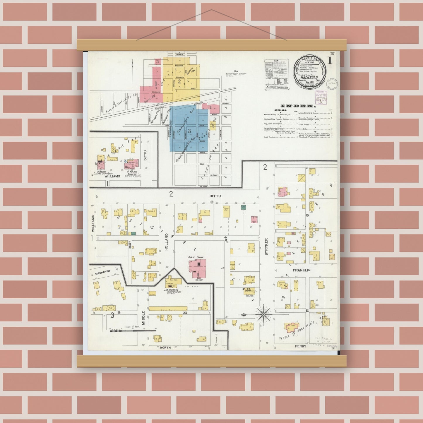Old map wall art mockup — magnetic wood frame on brick wall — Sanborn Fire Insurance Map from Archbold, Fulton County, Ohio (1901) - Complete Map Set