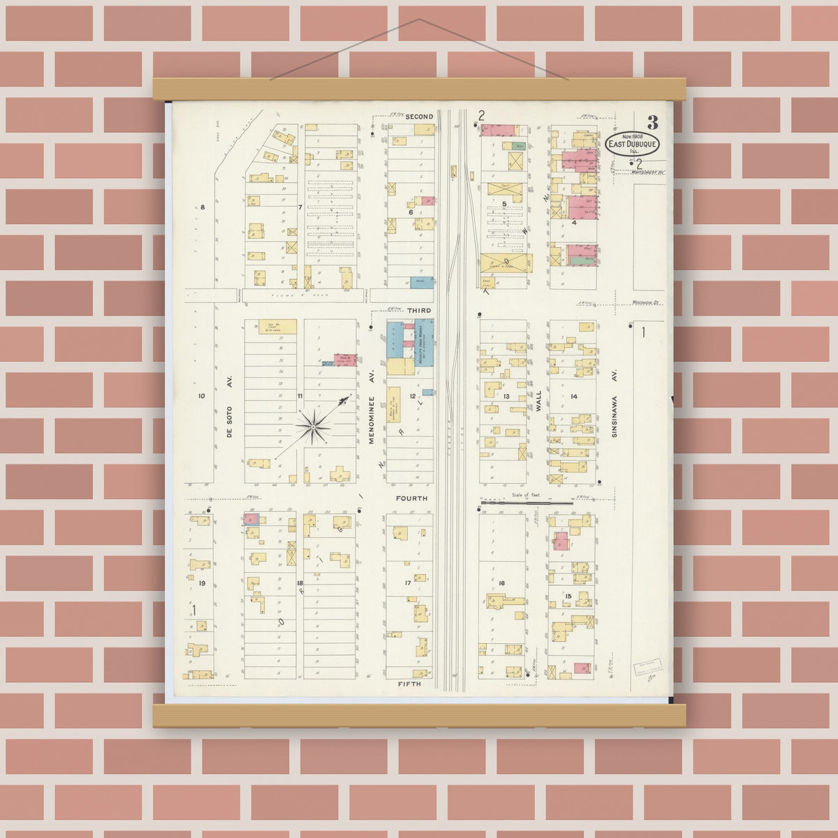 Old map wall art mockup — magnetic wood frame on brick wall — Sanborn Fire Insurance Map from East Dubuque, Jo Daviess County, Illinois (1908), Sheet #0003
