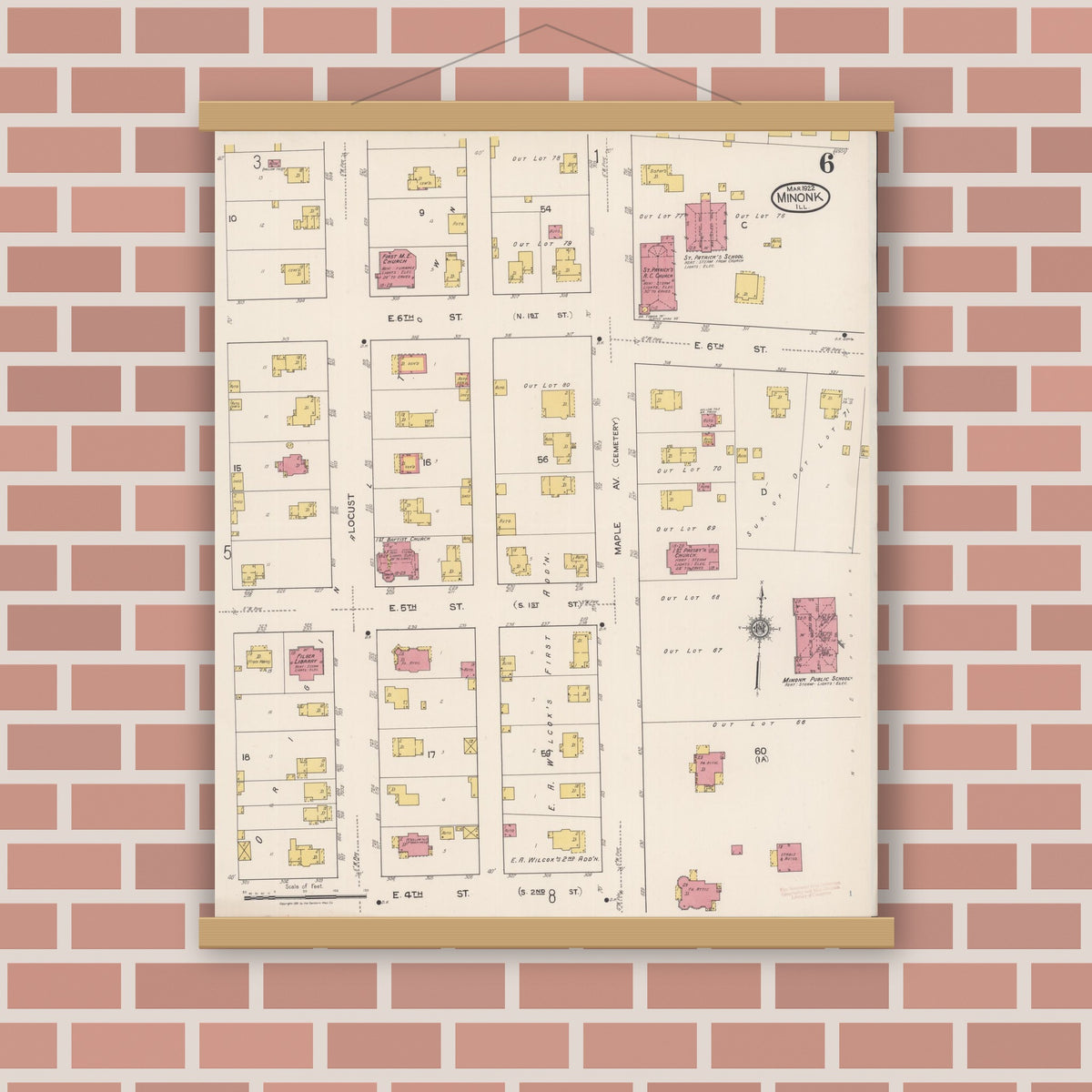 Old map wall art mockup — magnetic wood frame on brick wall — Sanborn Fire Insurance Map from Minonk, Woodford County, Illinois (1922), Sheet #0006