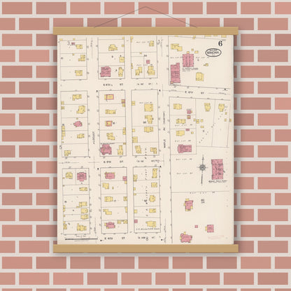 Old map wall art mockup — magnetic wood frame on brick wall — Sanborn Fire Insurance Map from Minonk, Woodford County, Illinois (1922), Sheet #0006