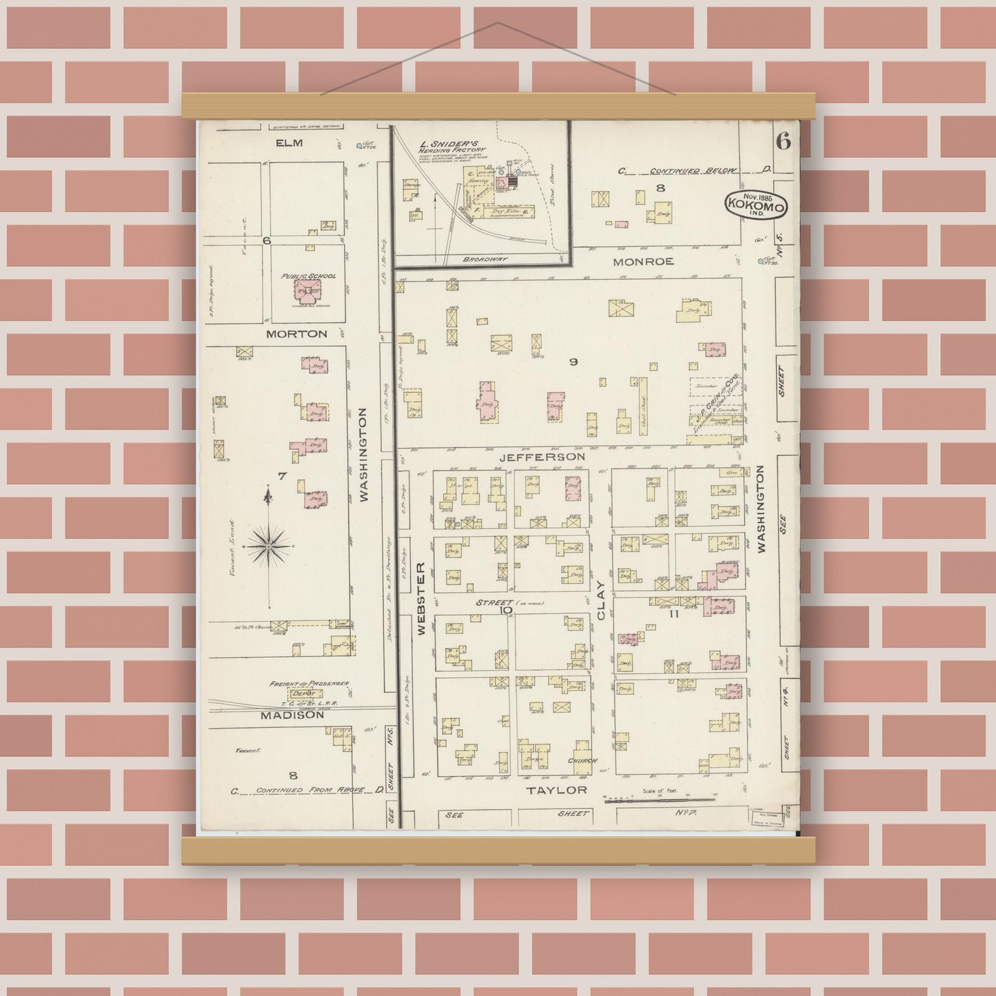 Old map wall art mockup — magnetic wood frame on brick wall — Sanborn Fire Insurance Map from Kokomo, Howard County, Indiana (1885), Sheet #0006