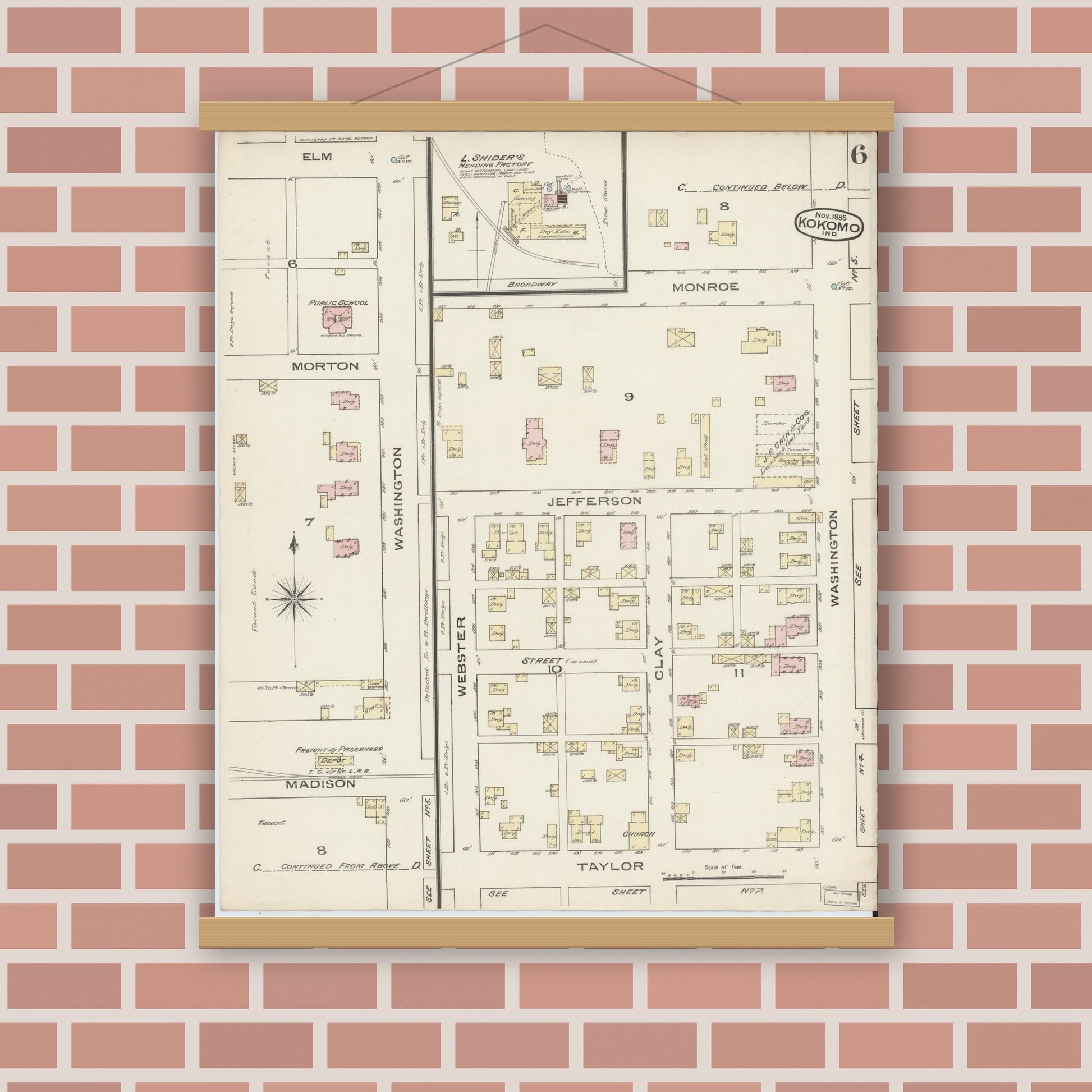 Old map wall art mockup — magnetic wood frame on brick wall — Sanborn Fire Insurance Map from Kokomo, Howard County, Indiana (1885), Sheet #0006