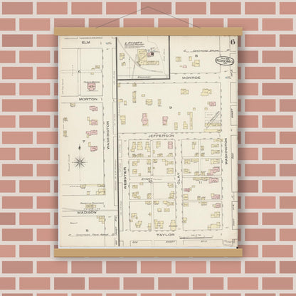 Old map wall art mockup — magnetic wood frame on brick wall — Sanborn Fire Insurance Map from Kokomo, Howard County, Indiana (1885), Sheet #0006