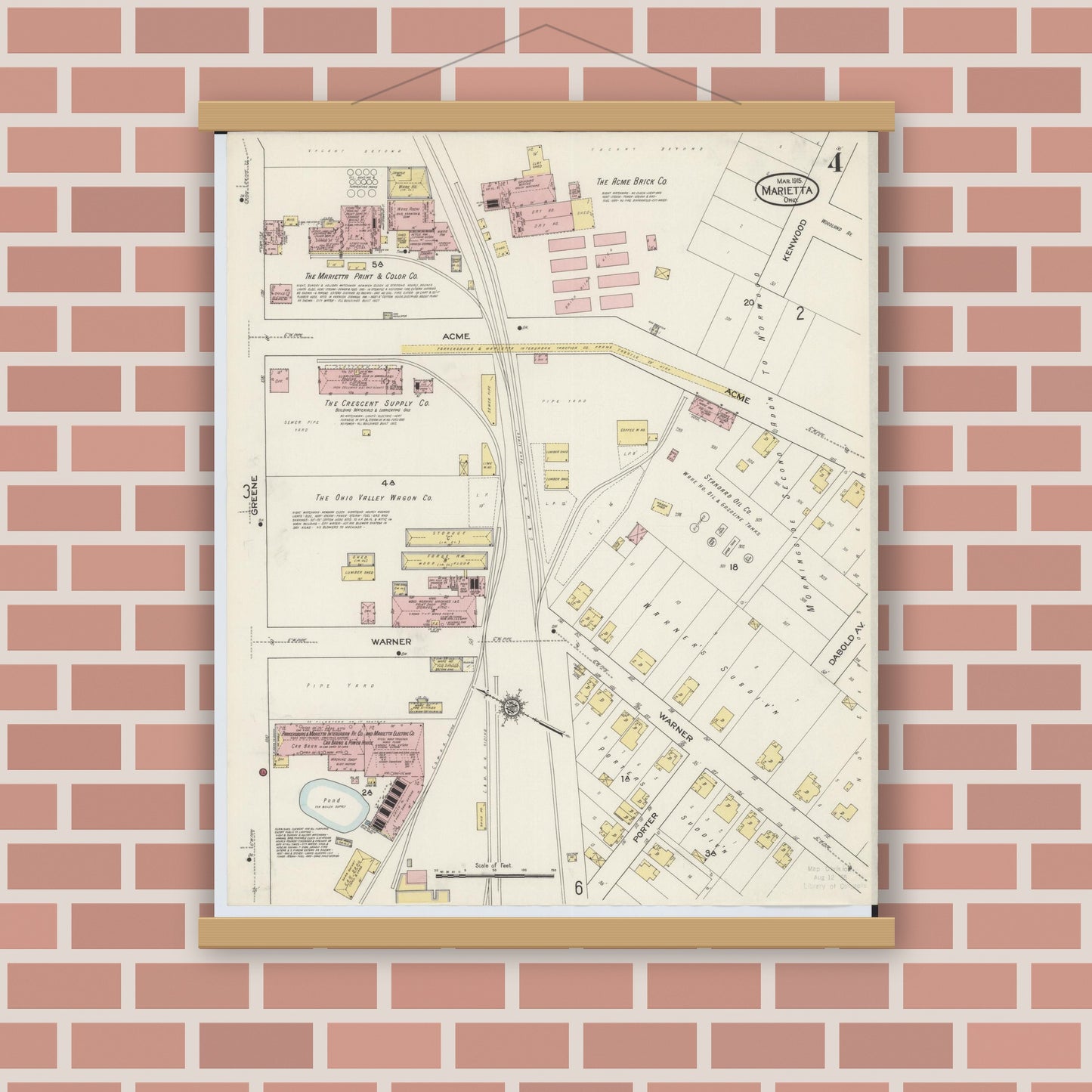 Old map wall art mockup — magnetic wood frame on brick wall — Sanborn Fire Insurance Map from Marietta, Washington County, Ohio (1915), Sheet #0004