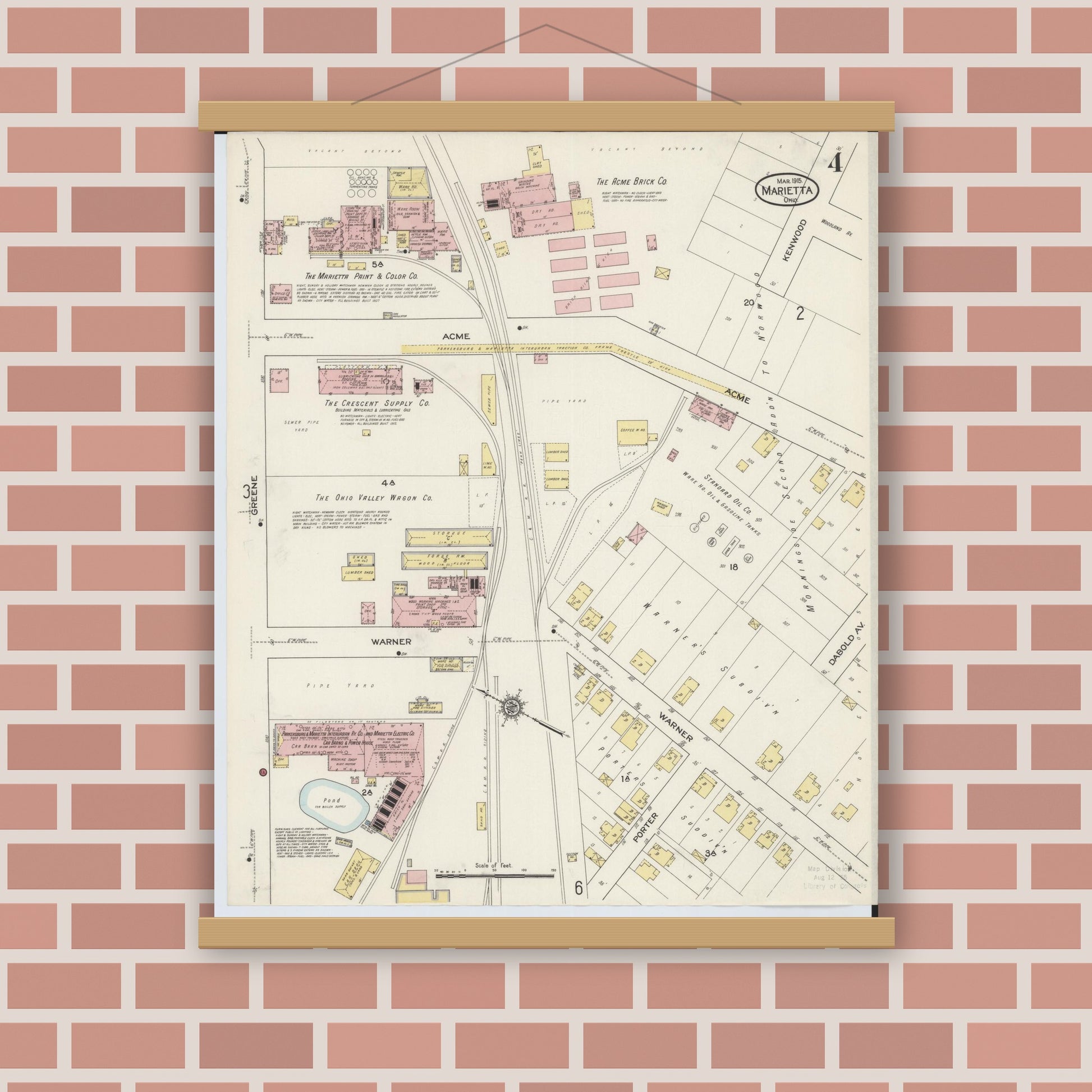Old map wall art mockup — magnetic wood frame on brick wall — Sanborn Fire Insurance Map from Marietta, Washington County, Ohio (1915), Sheet #0004