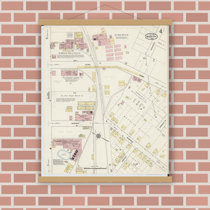 Old map wall art mockup — magnetic wood frame on brick wall — Sanborn Fire Insurance Map from Marietta, Washington County, Ohio (1915), Sheet #0004
