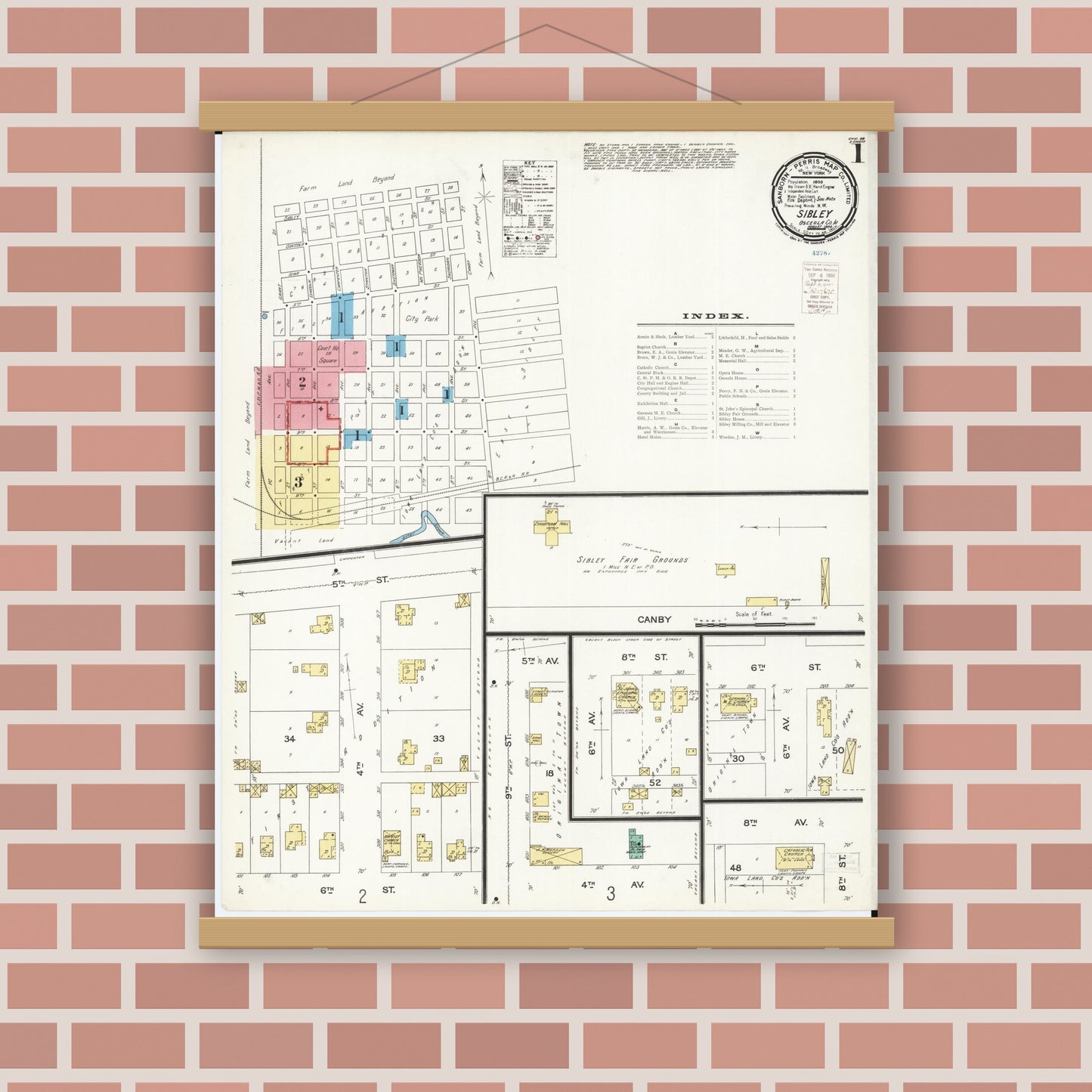 Old map wall art mockup — magnetic wood frame on brick wall — Sanborn Fire Insurance Map from Sibley, Osceola County, Iowa (1900), Sheet #0001
