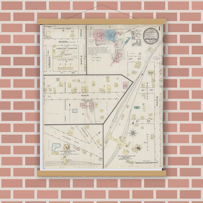 Old map wall art mockup — magnetic wood frame on brick wall — Sanborn Fire Insurance Map from Staunton, Macoupin County, Illinois (1886) - Complete Map Set