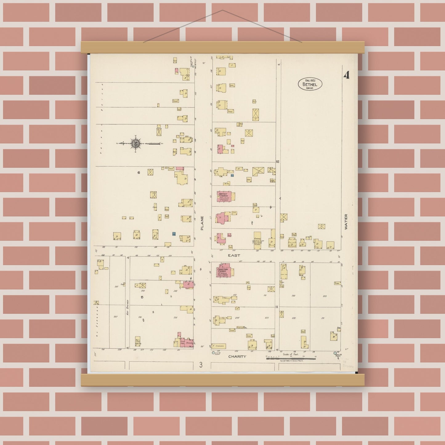 Old map wall art mockup — magnetic wood frame on brick wall — Sanborn Fire Insurance Map from Bethel, Clermont County, Ohio (1922), Sheet #0004