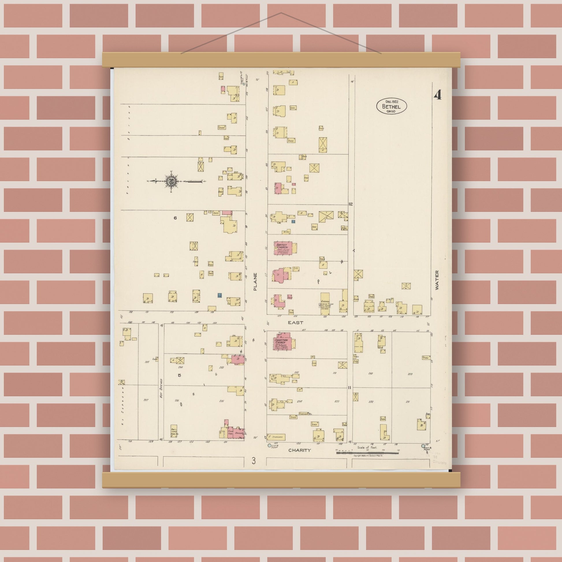 Old map wall art mockup — magnetic wood frame on brick wall — Sanborn Fire Insurance Map from Bethel, Clermont County, Ohio (1922), Sheet #0004