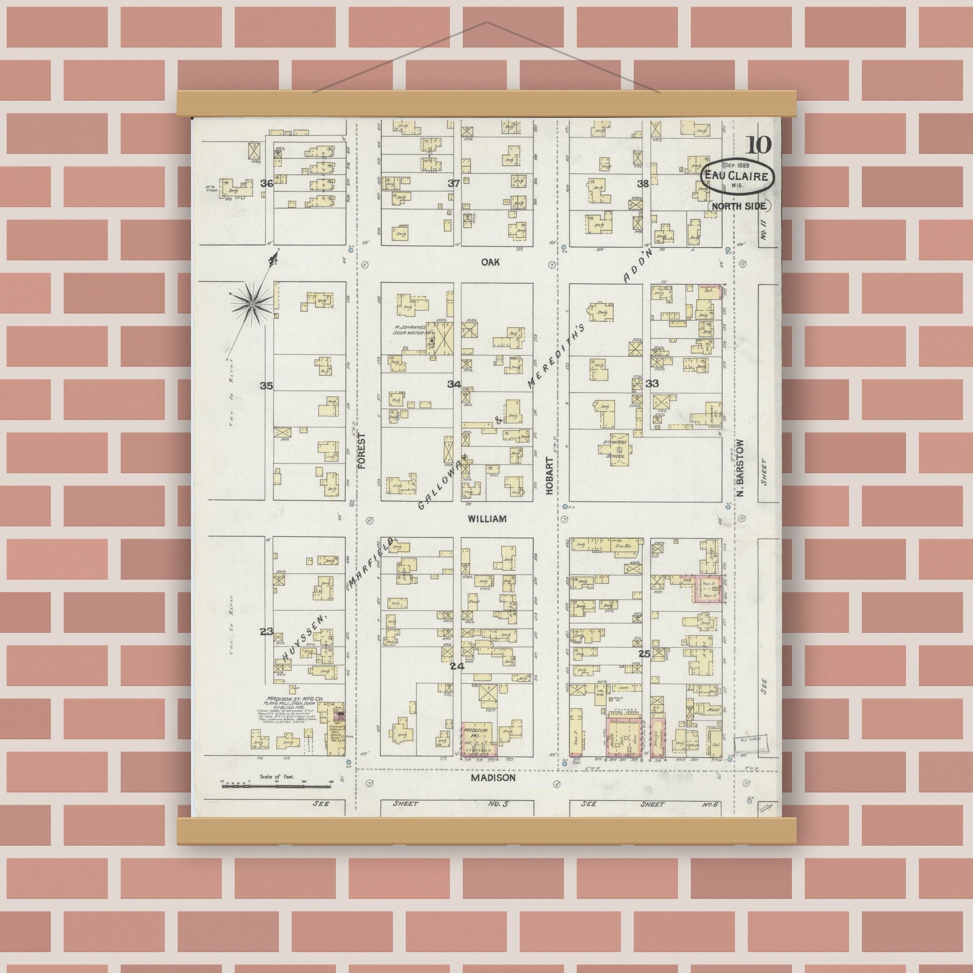 Old map wall art mockup — magnetic wood frame on brick wall — Sanborn Fire Insurance Map from Eau Claire, Eau Claire County, Wisconsin (1889), Sheet #0010